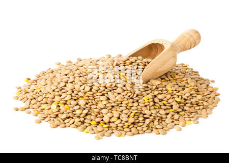 Heap of raw, dry, uncooked brown lentil legumes with wooden scoop over white background Stock Photo