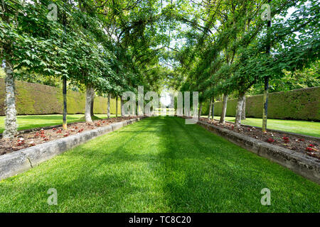 empty green footpath under steel frame in park Stock Photo