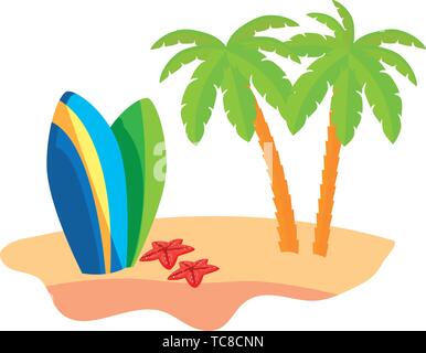 summer beach scene with tree palms and surfboards vector illustration design Stock Vector