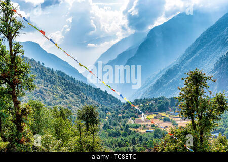 Landscape views at the valleys on the trek to Phakding in Nepal first day on the trek to Everest Base Camp. Stock Photo