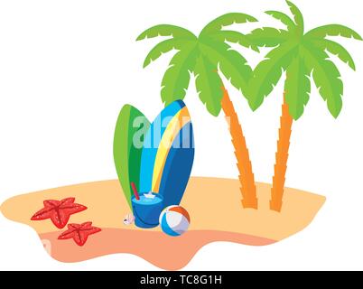 summer beach scene with tree palms and surfboards vector illustration design Stock Vector
