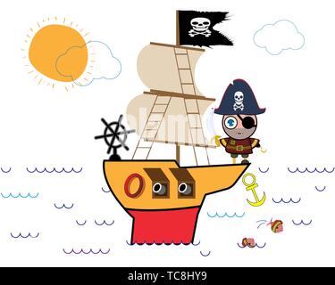Pirate is floating on the ship. Vector illustration Stock Vector
