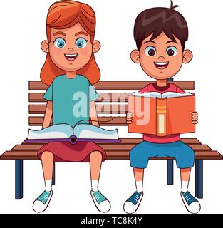 young kids with books on a bench Stock Vector