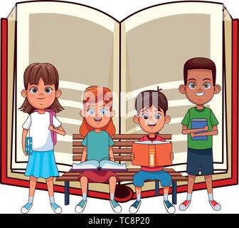 young kids with books on a bench Stock Vector