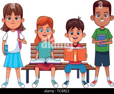 young kids with books on a bench Stock Vector