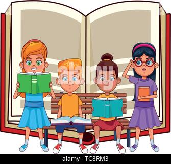 young kids with books on a bench Stock Vector