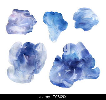 Set of blue hand drawn watercolor stains. Collection blue gloomy clouds of the after the rain. Delicate elegant ink texture. Can be used in interior p Stock Photo