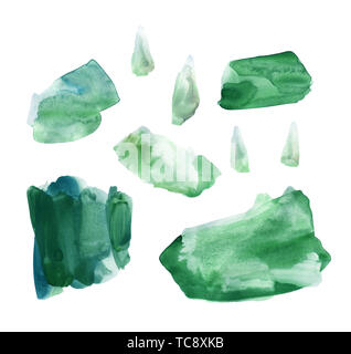 Set of fresh green hand drawn watercolor stains. Rich emerald color and the lush color of the grass after the rain. Delicate elegant texture. Can be u Stock Photo