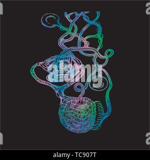 Neon illustration of a psychedelic motif. Eye, jaw, Turtle armor, seeds. Stock Vector