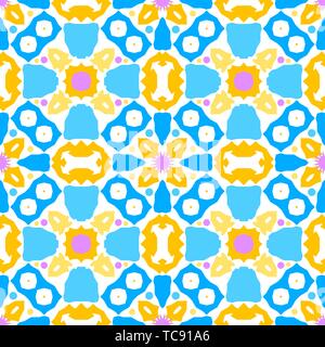 Colorful kaleidoscope seamless pattern with decorative ornaments. Ornamental vivid background. Blue, yellow, purple shapes and white background. Patte Stock Vector
