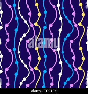 Abstract pattern. Curved stripes with circles on them. Bright colors: purple, yellow, blue. Author's seamless pattern for fabric, paper, boxes, gifts, Stock Vector
