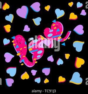 Love - inscription. Drawn hearts and lettering. The word 'Love' is colored in different colors - futurism, authors style, contrast on black background Stock Vector