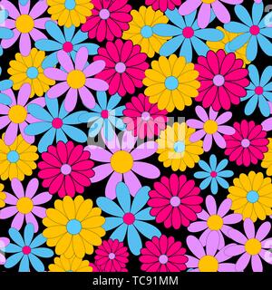 Flowers - seamless pattern. Simple multi-colored flower buds on a black background. Bright contrasting colors. Stock Vector