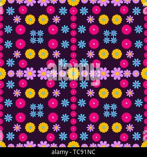Flowers - seamless ornament. Simple multi-colored flower buds on a black background. Bright contrasting colors. Stock Vector