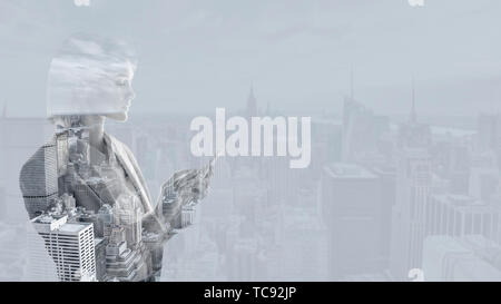 double exposure of businesswoman using smartphone and new york cityscape Stock Photo