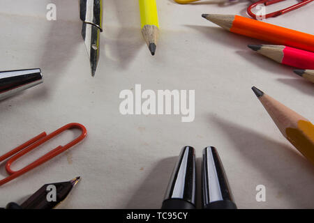 Stationery and blank sheets of paper on the table Stock Photo