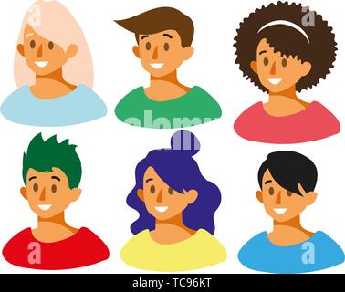 A set of smiling faces. Facial expression. Girl Avatar. Boy Avatar. Set with the smiling faces of guys and girls. Vector illustration flat design. Stock Vector