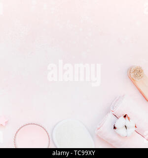 Spa, beauty cosmetics and body care treatment concept with copy space. Creative top view flat lay composition with bath accessories and rose soap cott Stock Photo