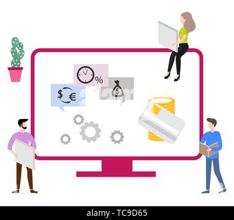 Vector illustration with people using online banking service. Growth of personal savings, profit and income. Finance. Use of banking technology. Desig Stock Vector