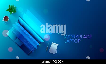 Business background with laptop on workplace top view. Computer screen lights on desk blue light. Nobody on workspace with cup coffee, flower, notepad Stock Vector