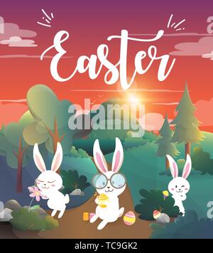 Rabbit painted easter eggs in the forest Stock Vector