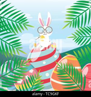 Rabbit painted easter eggs in the forest Stock Vector