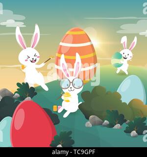 Rabbit painted easter eggs in the forest Stock Vector