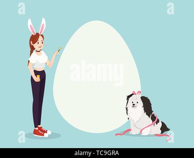 Girl and dog on Easter day with copyspace Stock Vector