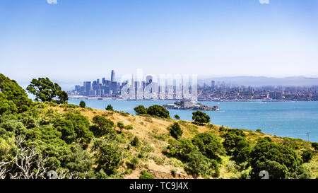 San Francisco skyline and Alcatraz Island on a sunny day, as seen from Angel Island, California Stock Photo