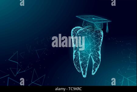 E-learning distance medicine dental graduate certificate program concept. Low poly 3D render graduation cap on tooth banner template. Internet Stock Vector