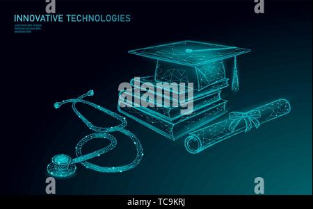 E-learning distance medicine graduate certificate program concept. Low poly 3D render graduation cap diploma and stethoscope banner template. Internet Stock Vector