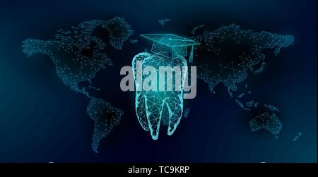 E-learning distance medicine dental graduate certificate program concept. Low poly 3D render graduation cap tooth World map banner template. Internet Stock Vector