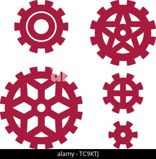 Vector illustration. Five plain or flat cogs or gears in red color. Stock Vector