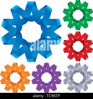 Vector illustration. Glossy ribbon ornated stars in six colors. Stock Vector