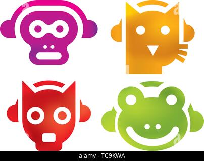 Vector illustration. Monkey, cat, dog and frog with headphones. Rock animals. Stock Vector