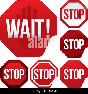 Vector illustration. Wait and hand sign into stop signal. Six styles. Stock Vector