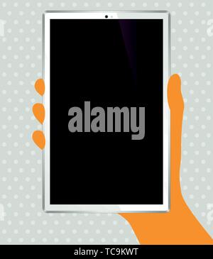 Vector illustration. On hand tablet illustration isolated over dotted background. Stock Vector