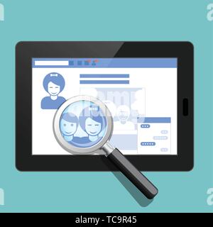 Your social public profile is under surveillance - social page and magnifying glass Stock Vector