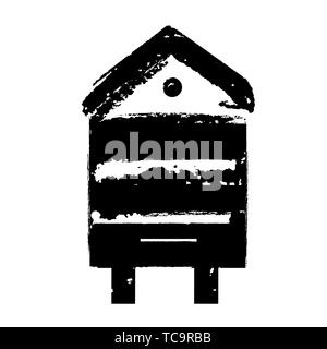 Retro wooden bee hive icon. Vector stamp for honey packaging, beekeeping and apiculture. Engraving colorful illustration for honey and mead company Stock Vector