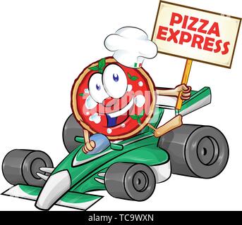 funny cartoon formula race car with pizza Stock Vector