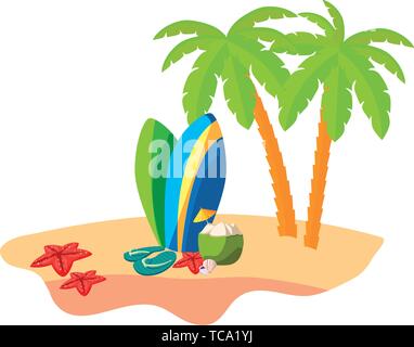 summer beach scene with tree palms and surfboards vector illustration design Stock Vector