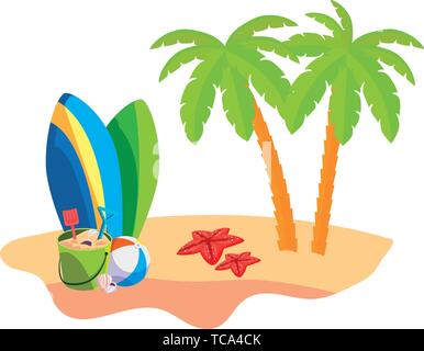 summer beach scene with tree palms and surfboards vector illustration design Stock Vector