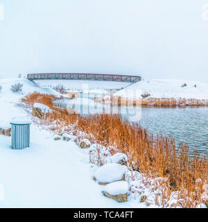 Frame Square Panorama of a rippling lake with lush grasses on the snow covered shore Stock Photo