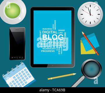 Blog concept in word cloud on a Digital Tablet Stock Vector