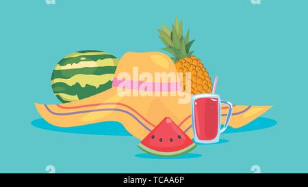 summer time holiday hat watermelon juice pineapple vector illustration cinco de mayo celebration with skull decorative vector illustration design Stock Vector