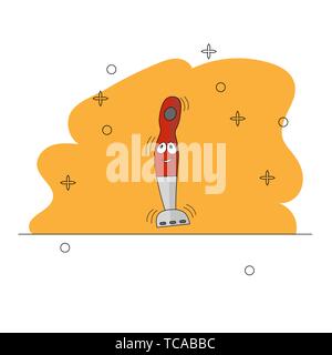 Cartoon Submersible blender kitchen appliances. Funny character. A red and gray smiling blender with eyes on a yellow background is working. For cloth Stock Vector