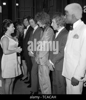 Princess Margaret, President of the Invalid Children's Aid Association (ICAA), meets The Equals pop group at the London Palladium after they appeared in this year's Save Rave Charity Show, aiding the ICAA. Clodagh Rogers, the singer (background) replaced The Marmalade, who had to withdraw. *David Bowie in centre Stock Photo