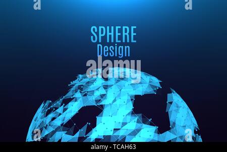 Abstract sphere explosion. Futuristic destroyed glowing sphere. Bright triangles and dots on blue background. Trendy vector illustration Stock Vector