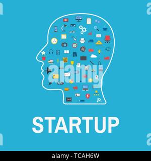 Startup head concept with business icons. Startup construction and development. Vector illustration of word startup and head with icons. Flat design Stock Vector