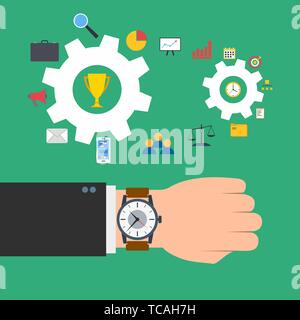 Time management concept. Wristwatch on the hand of businessman. Gears with business elements. Vector illustration Stock Vector